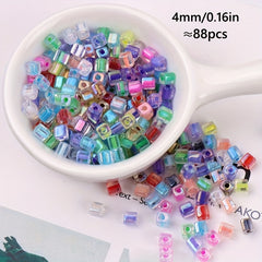 88pcs 4mm Square Fantasy Dyed Heart Glass Beads for DIY Earrings Bracelet