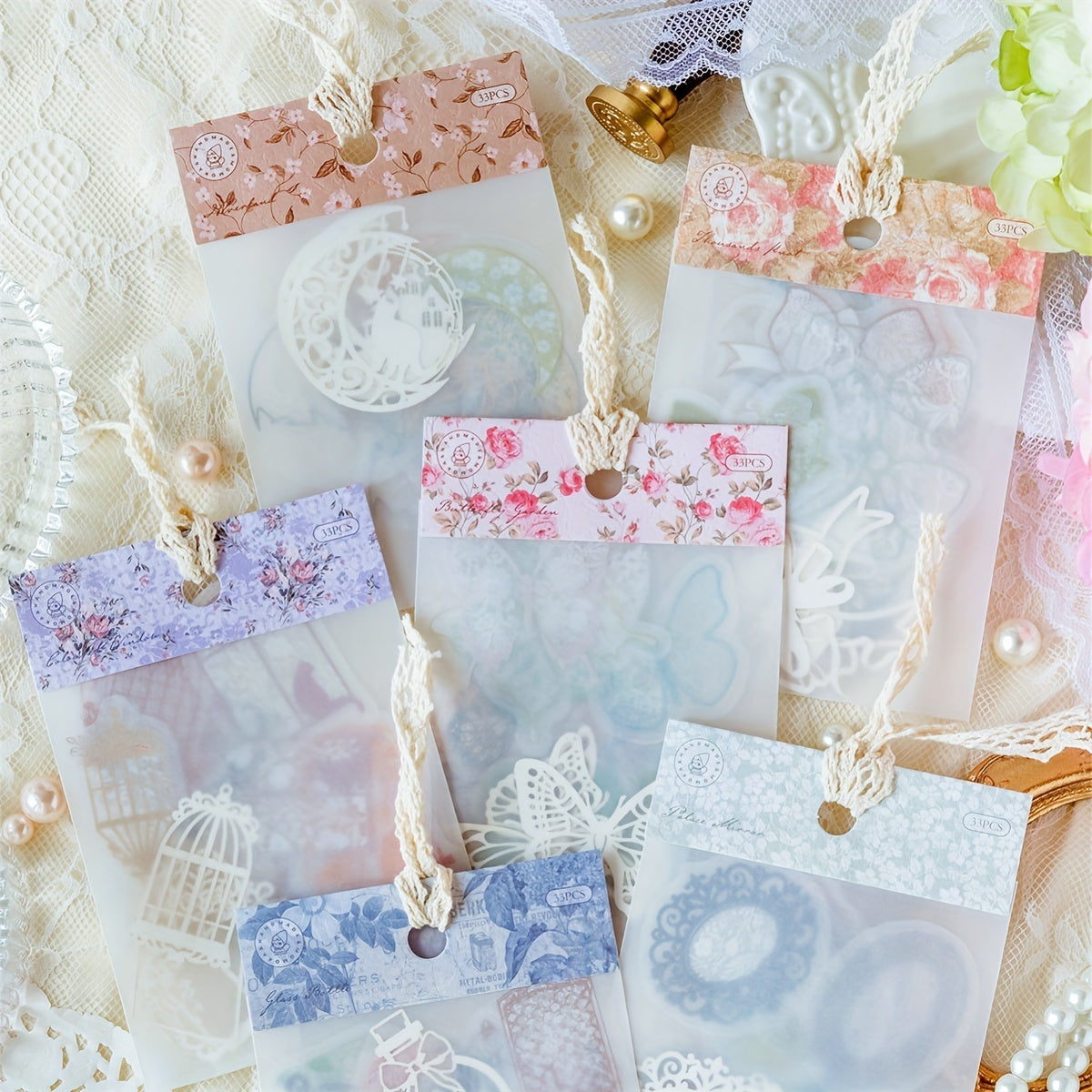 33pcs Lace Material Wrapped with Colored Yarn for DIY Journal