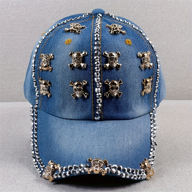 Skull Rivet Decor Baseball Cap Y2K Washed Denim Sun Hat Casual Dad Hats