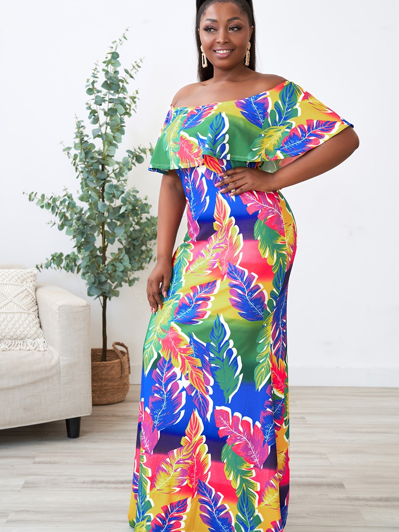  Colorblock Leaf Print Off Shoulder Maxi Dress