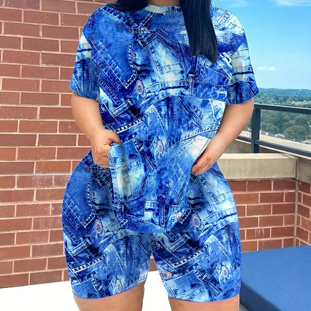 Plus Denim Print Short Sleeve Top & Shorts Set