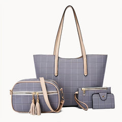 4Pcs Grid Pattern Tote Bag Set with Tassel Crossbody Bag