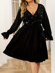  Pearl Beaded Flounce Sleeve Wrap V Neck Dress