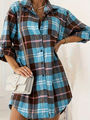  Plaid Print Long Shirt Button Front Collar