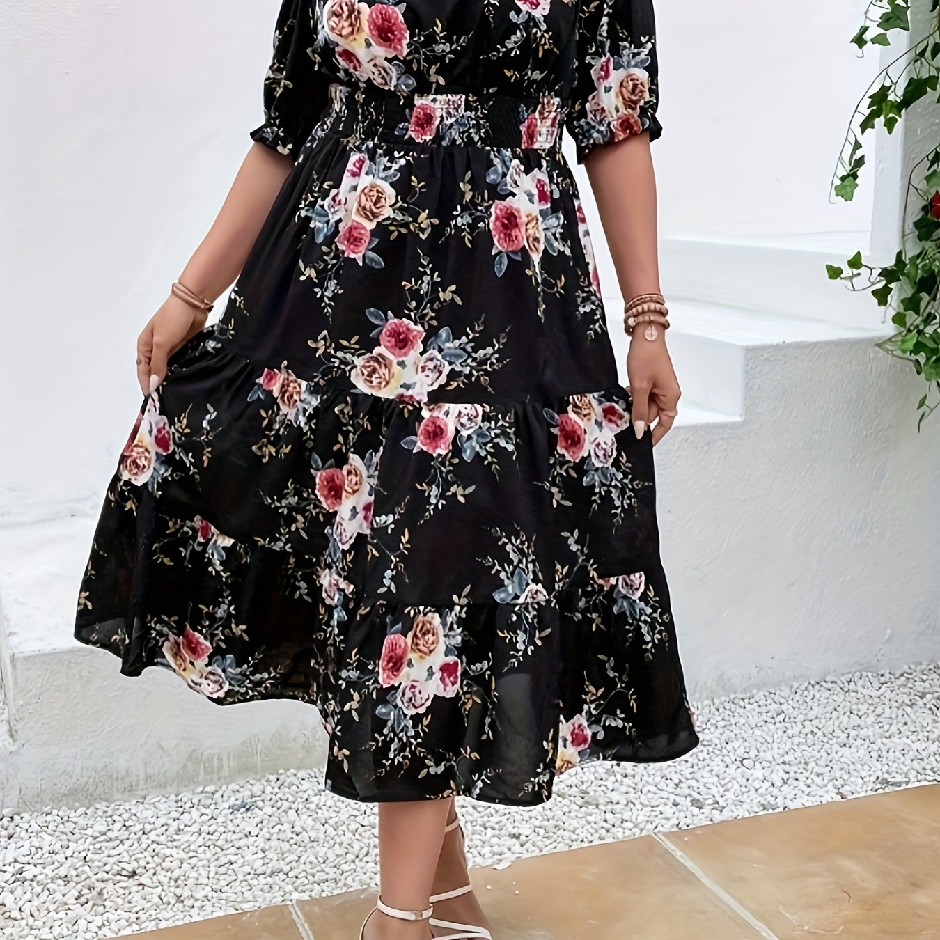  Floral Print Off Shoulder Dress
