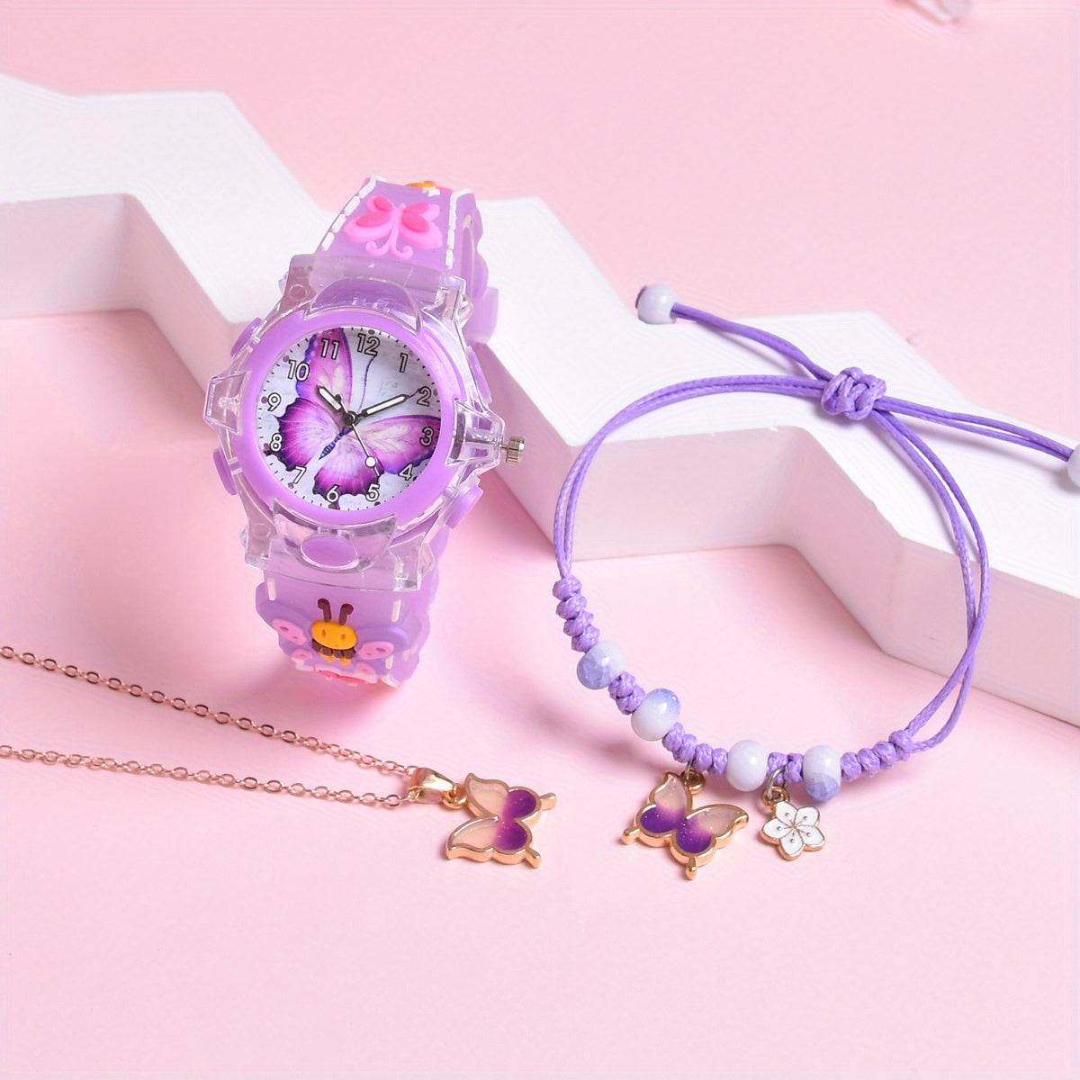 3pcs Girls Butterfly Suit Set: Watch, Necklace, Non-Rechargeable But