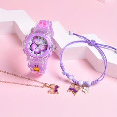 3pcs Girls Butterfly Suit Set: Watch, Necklace, Non-Rechargeable But