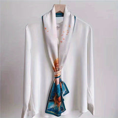 Satin Ribbon Long Small Silk Scarf with Lake Golden Deer Print Neck Scarf