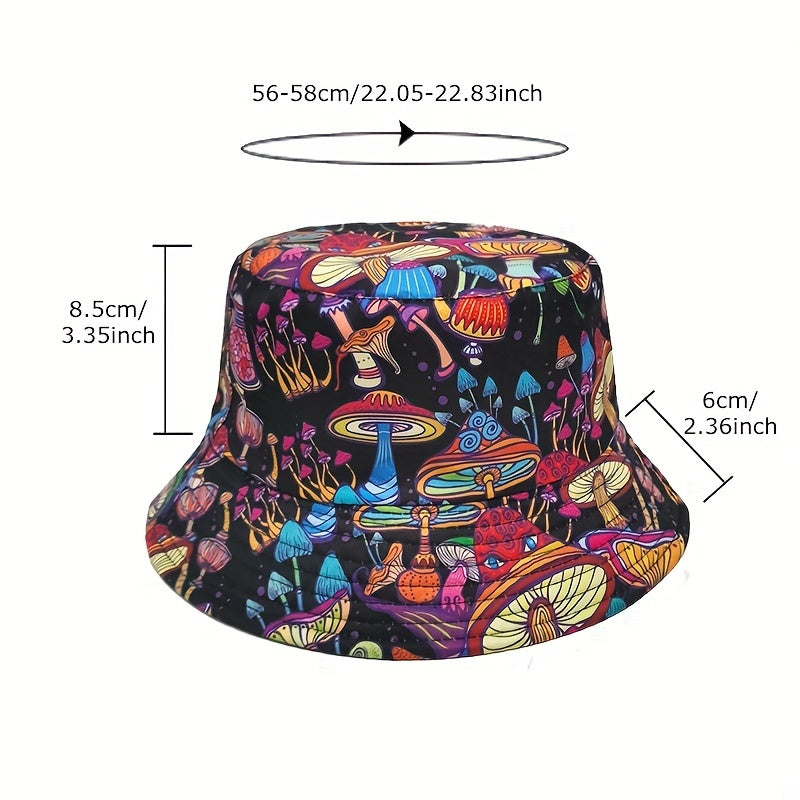 Mushroom Print Reversible Bucket Hat Hip Hop Casual Fisherman Cap Unisex