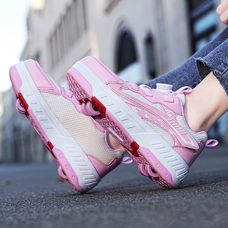 Girl's Roller Shoes With Rotating Buckle - Wheel Skate Sneakers