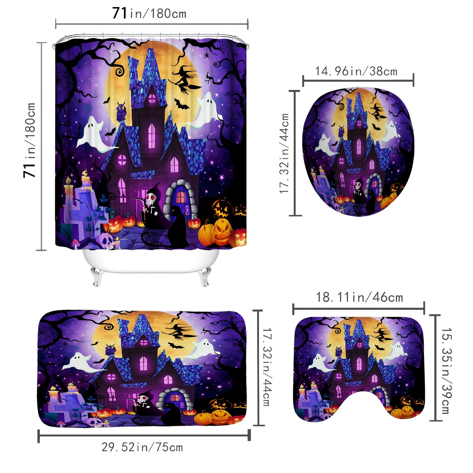 Halloween Purple Shower Curtain Set - Witch Moon Star Horror Print