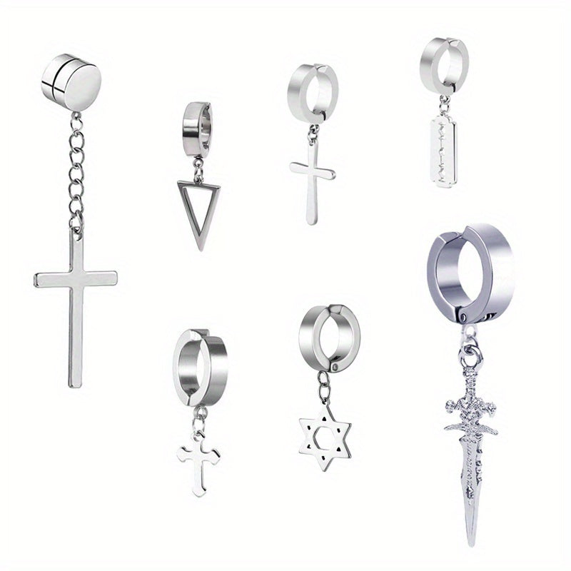 Men's Steel Jewelry Set Cross Ear Clip Fishbone Earrings