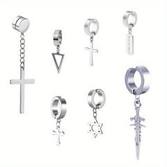 Men's Steel Jewelry Set Cross Ear Clip Fishbone Earrings