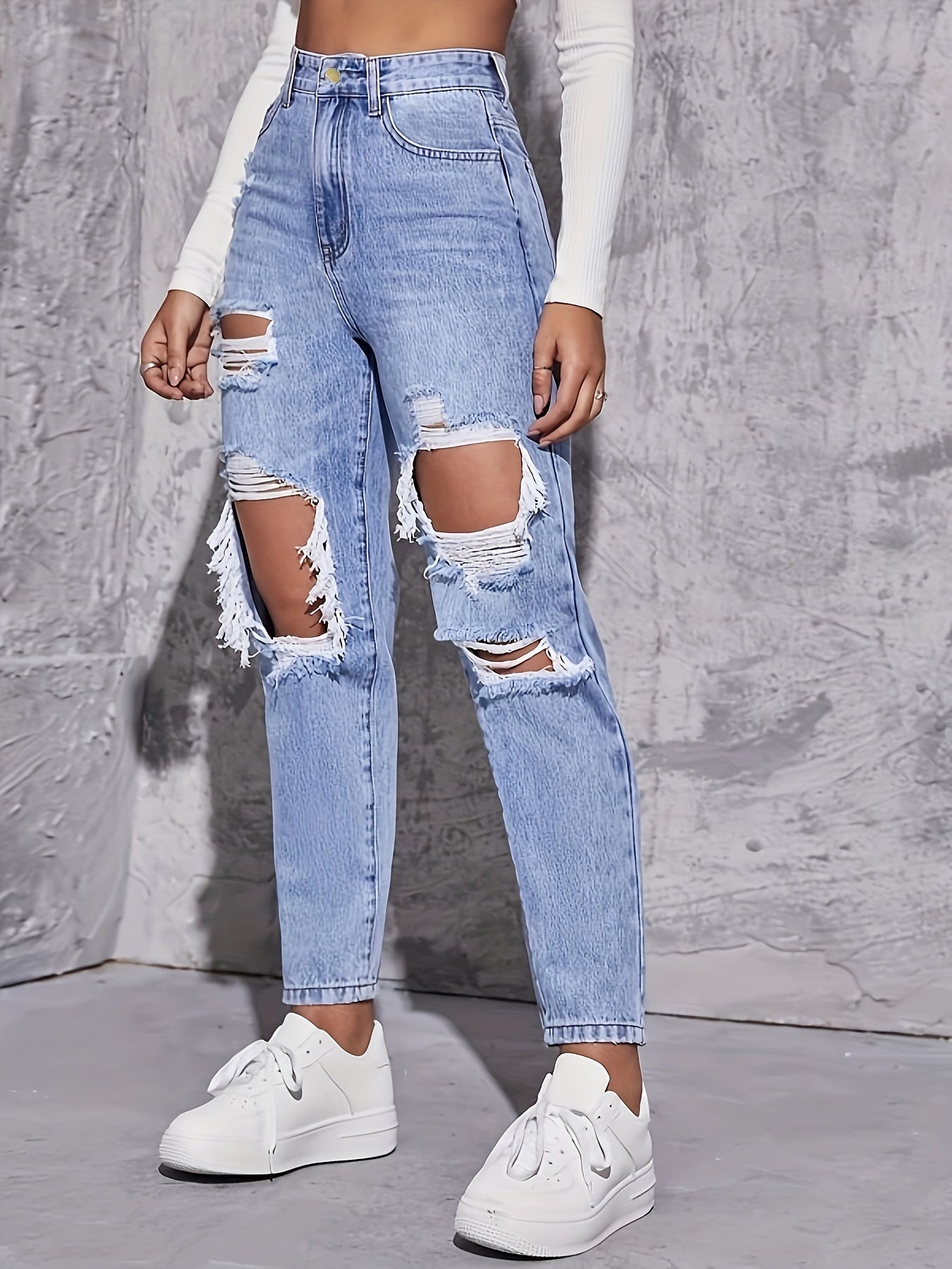 High Waist Distressed Denim Pants Women's Jeans