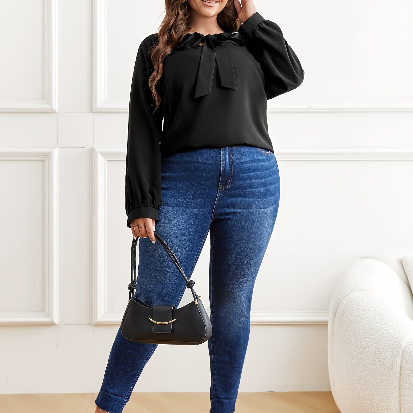  Solid Tie Front Lantern Sleeve Blouse