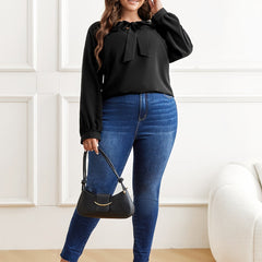  Solid Tie Front Lantern Sleeve Blouse