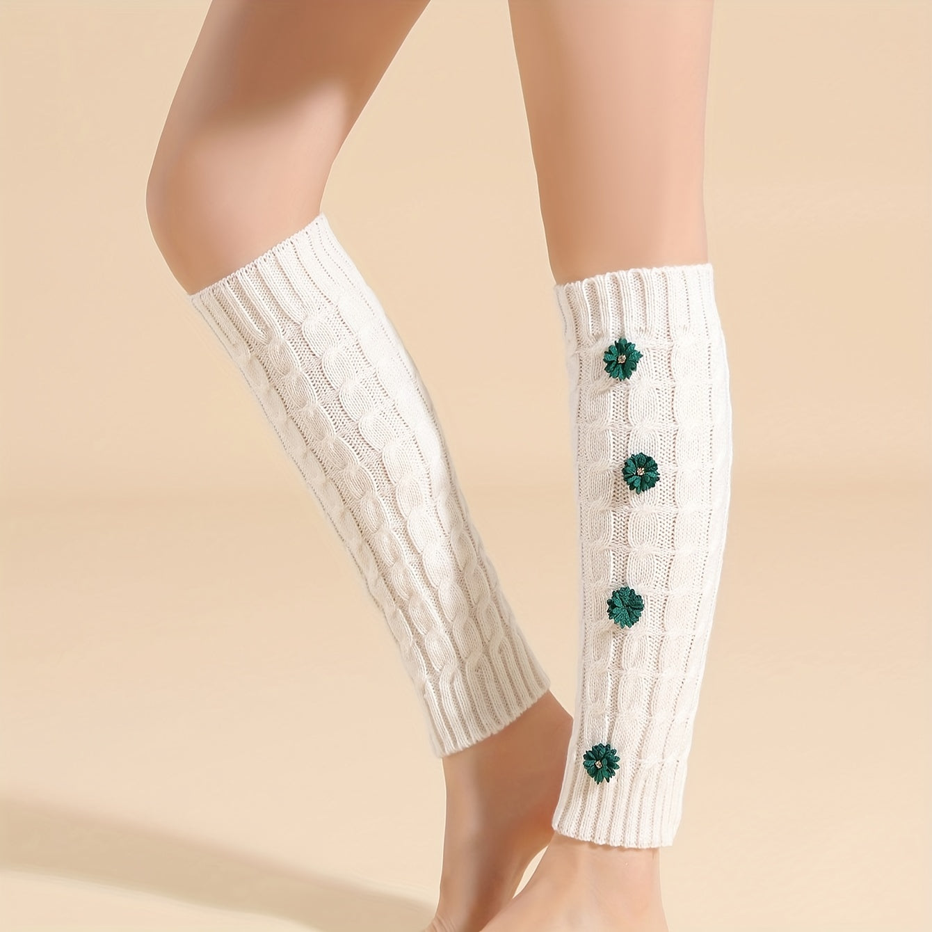Floral Applique Leg Warmers Knitted Knee High Socks