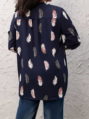 Casual Blouse Women's Plus Feather Print Long Sleeve