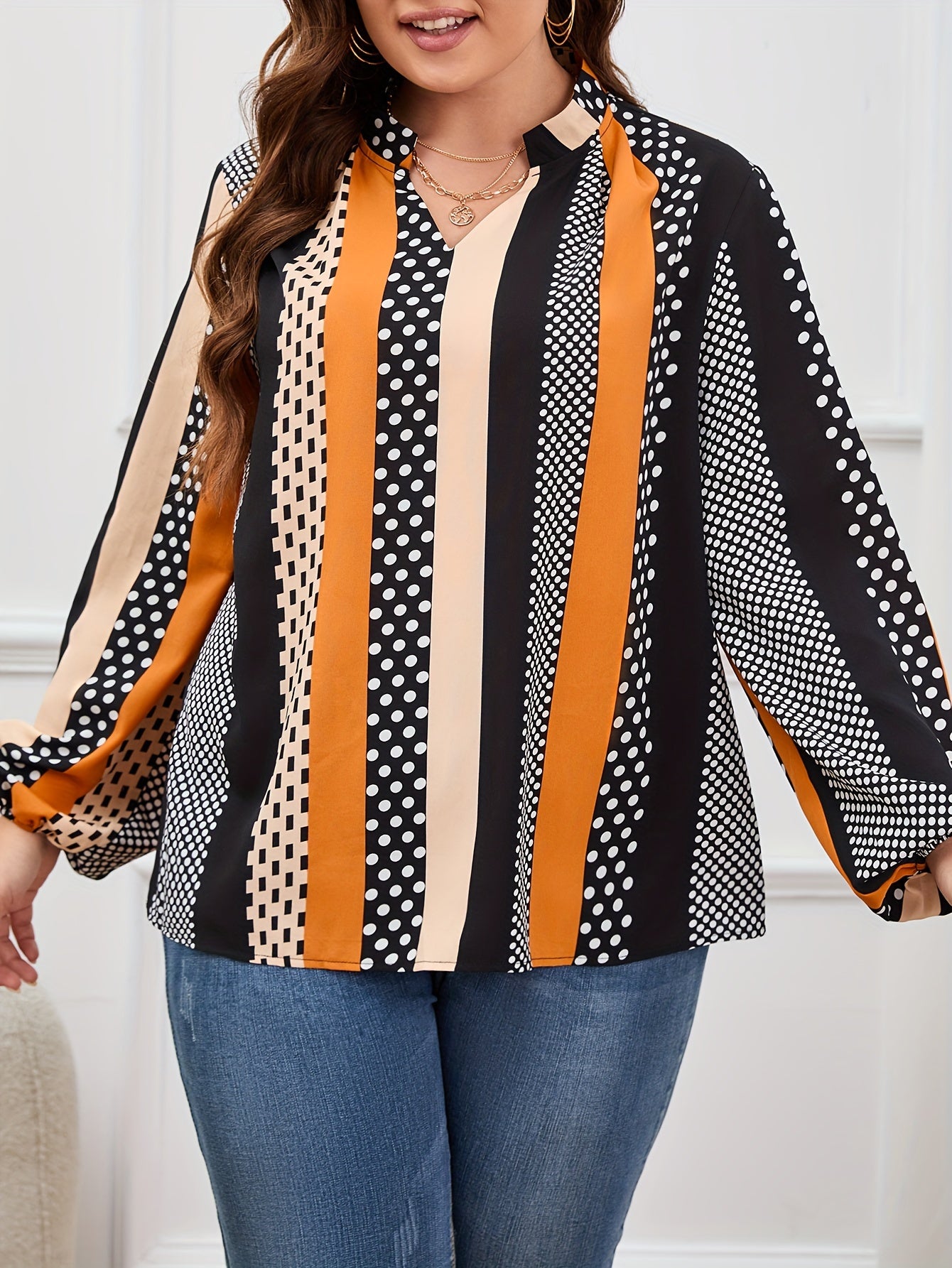  Dot Print Lantern Sleeve V Neck Blouse