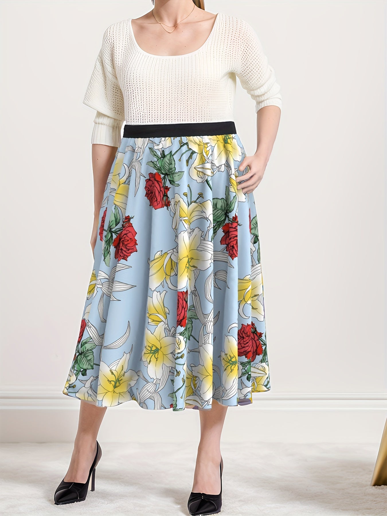  Skirt Women's Plus Rose & Lily Print Elastic High Waist Skirt