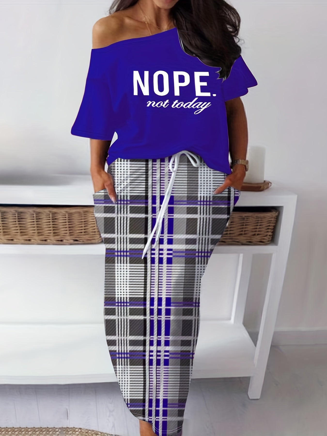  Slogan Print One Shoulder Top & Plaid Print Maxi Skirt Set