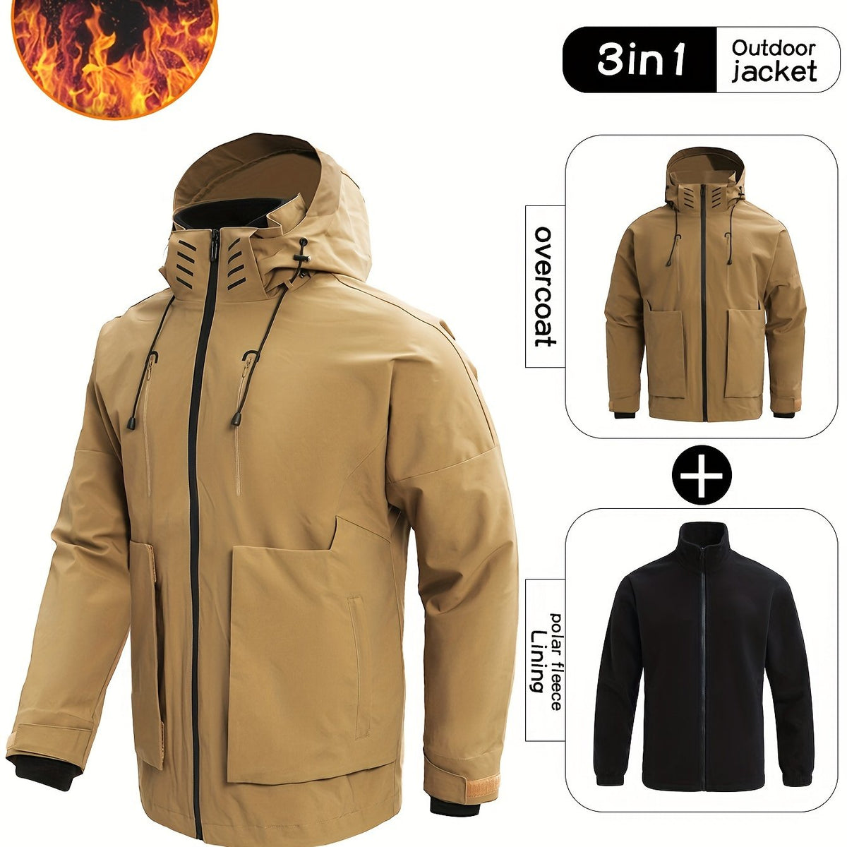 Men's 3-In-1 Zip Hooded Jacket Waterproof Windproof Hiking Jacket