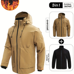 Men's 3-In-1 Zip Hooded Jacket Waterproof Windproof Hiking Jacket