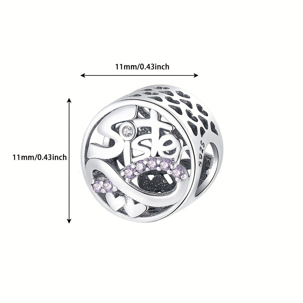 925 Silver Purple Rhinestone Sister Charm DIY Accessory