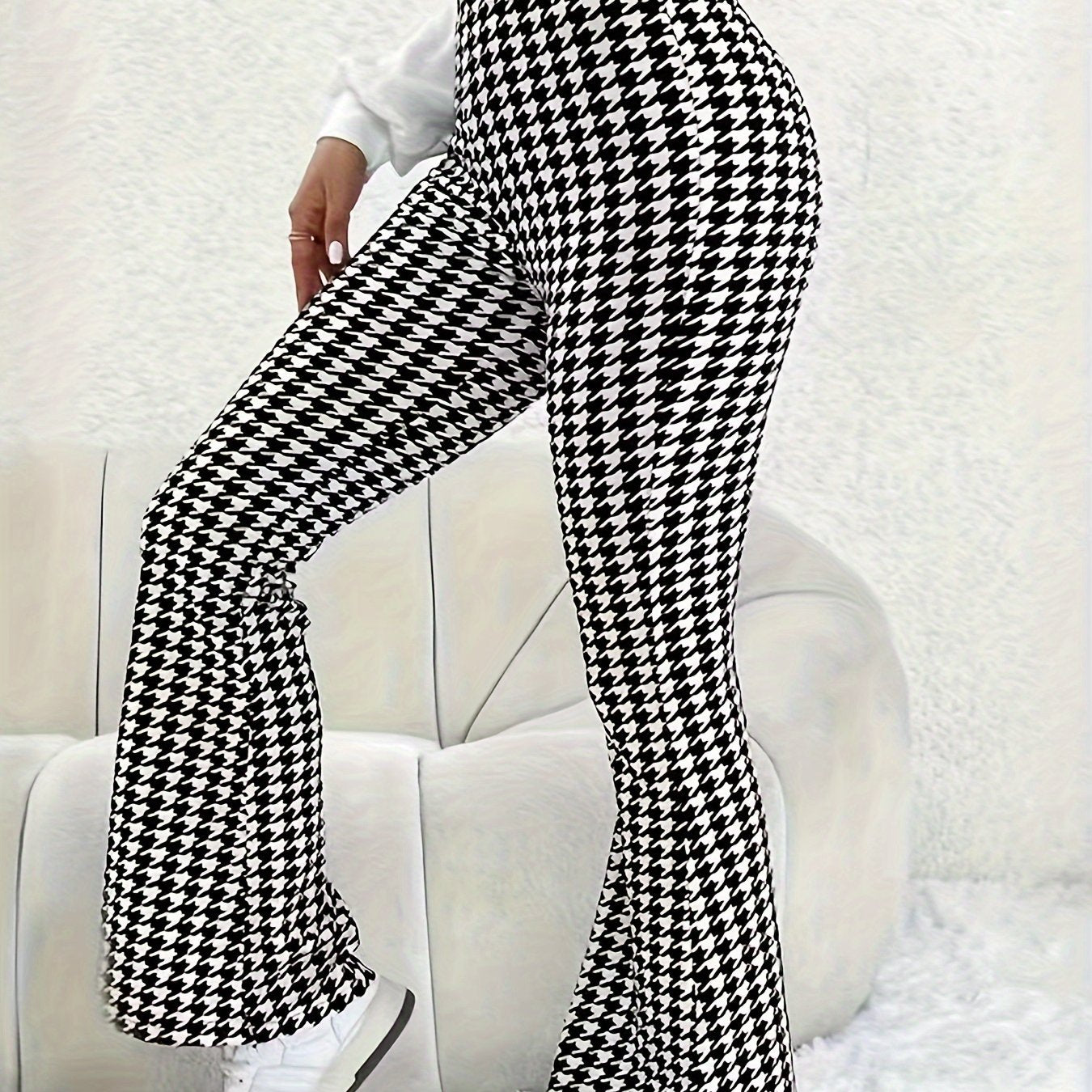 Women's Plus Houndstooth High Rise Flared Trousers