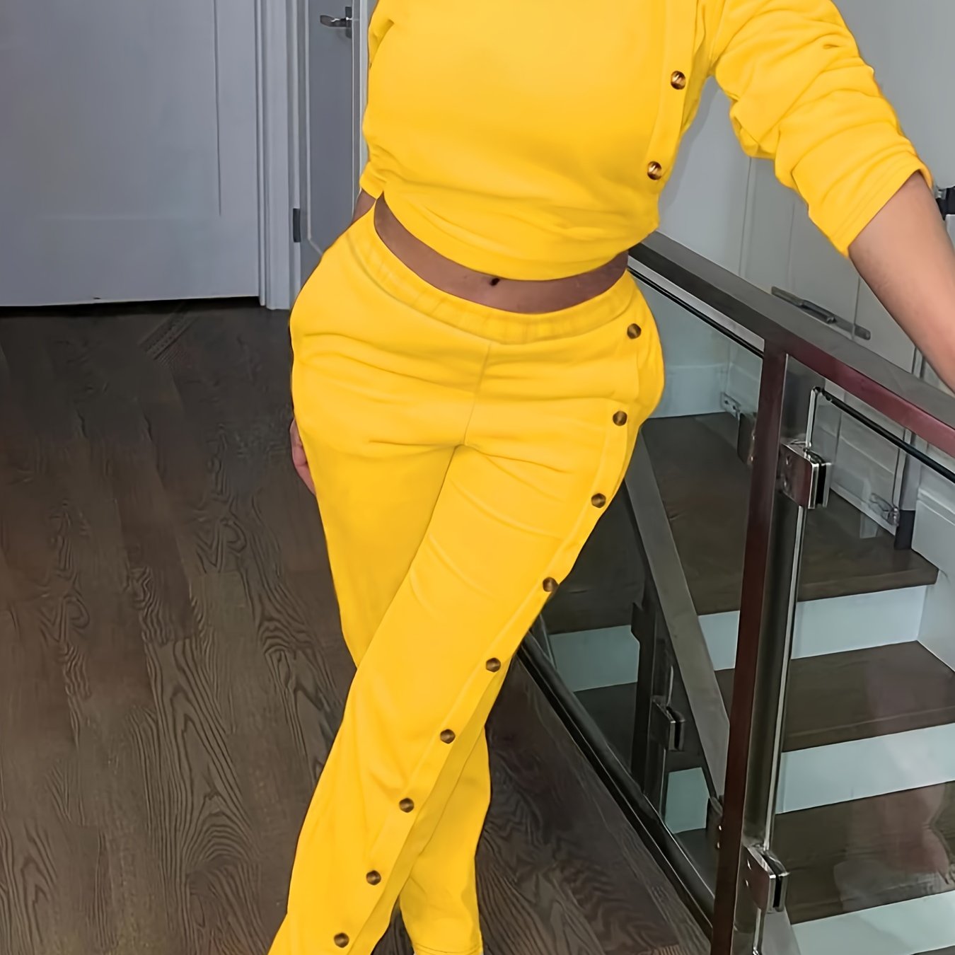  Solid Button Detail Crop Top & Pants Set