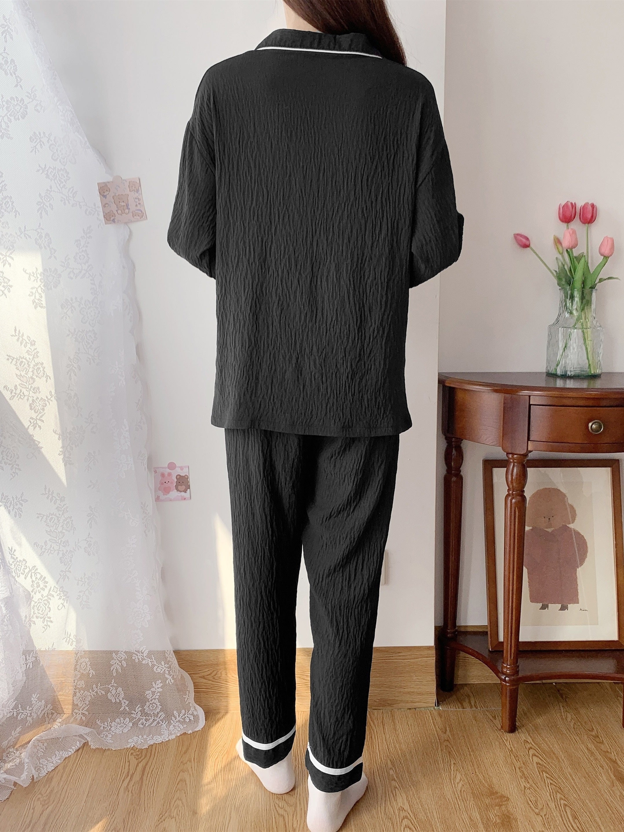 Women's Button Up Top & Pants Loungewear Set for Spring & Fall