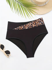 Leopard Print Patchwork Cross Bikini Bottoms High Waist