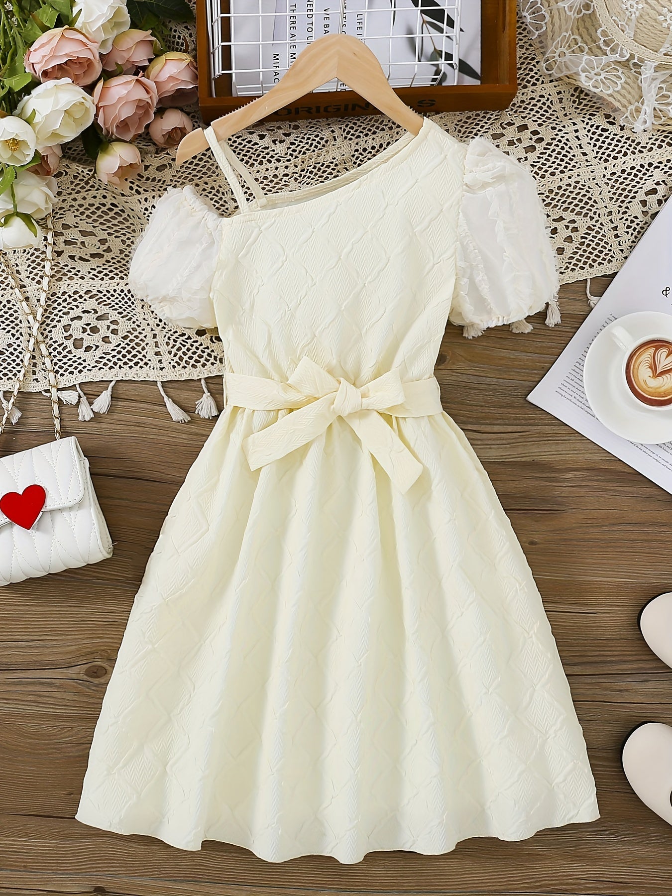 Girls' Asymmetric Shoulder Puff Sleeve Princess Dress