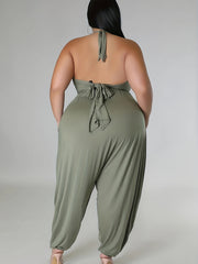  Solid Halter Neck Tie Back Cami Top & Harem Pants Set