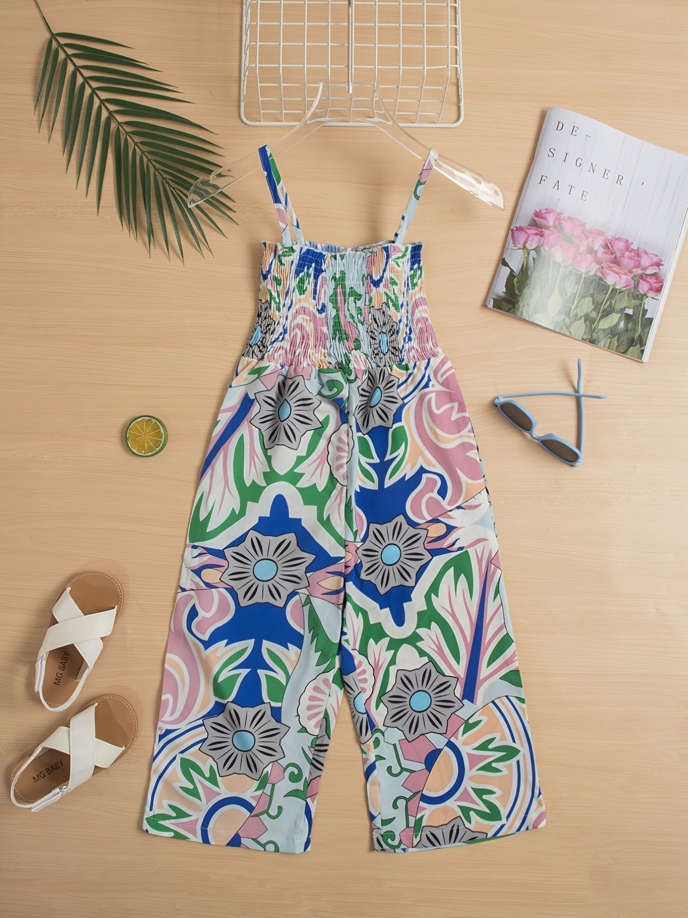 Floral Graphic Shirred Cami Romper Jumpsuit for Toddler Girls