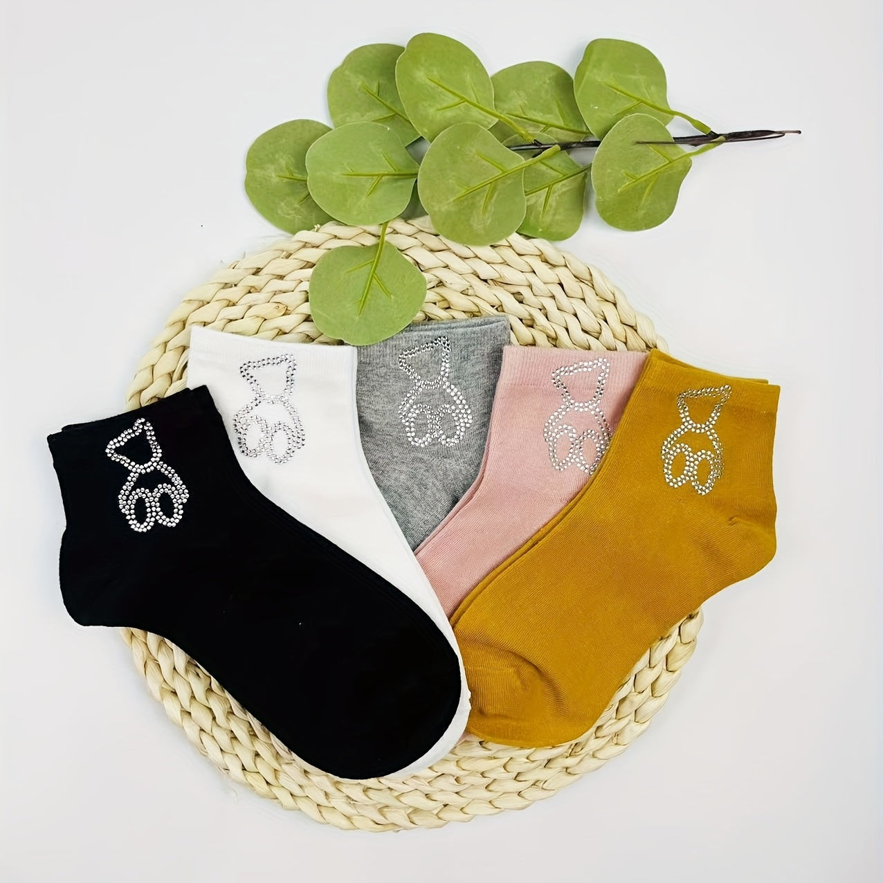 Bear Rhinestone Socks 5 Pairs Women's Crew Short Stockings