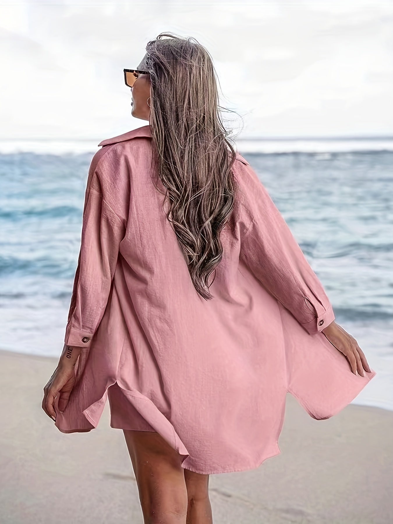 Casual Shirt & Shorts Set Women's Plus Solid Long Sleeve Button Up
