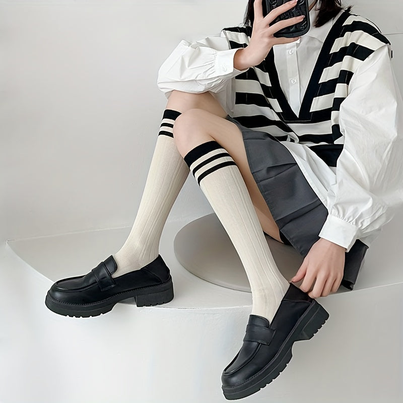 3 Pairs Striped Calf Socks College Style Knee High Socks Women's Stockings