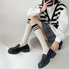 3 Pairs Striped Calf Socks College Style Knee High Socks Women's Stockings