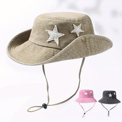 Star Patch Western Bucket Hat Distressed Cowboy Hat Outdoor Fishing Hiking Booni