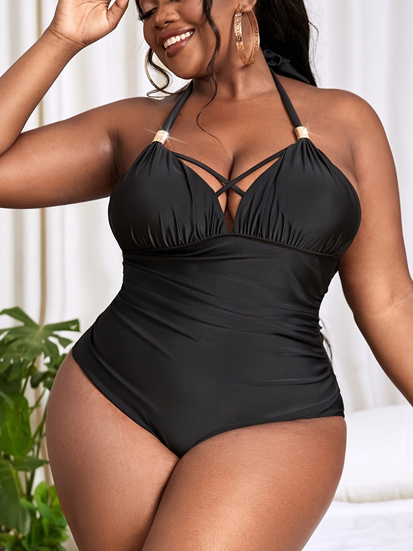  Halter Neck Criss Cross One Piece Swimsuit