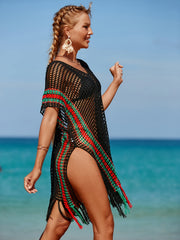  Boho Cover Up Women's Plus Striped Bat Sleeve Hollow Out V Neck Tassel