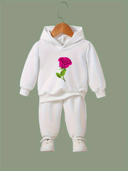 2pcs Rose Print Outfits Girls Hoodies Jogger Pants Set For Girls Sports