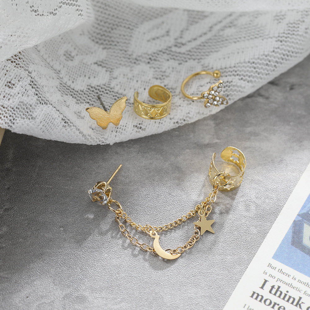 4 Pcs Chain Faux Diamond Butterfly Ear Studs