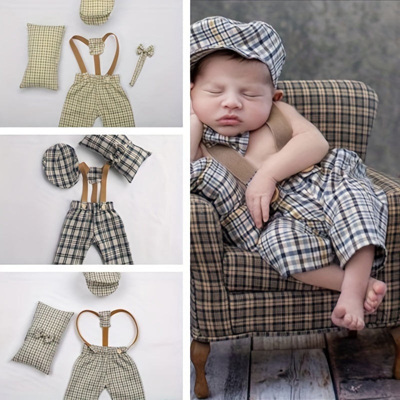 4pcs Newborn Baby Photography Props Plaid Costume for Boys & Girls