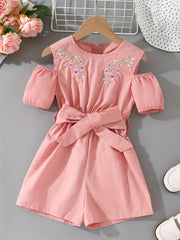 Toddler Girls Cold Shoulder Flowers Embroidered Romper Jumpsuits