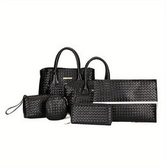 6Pcs Woven Tote Bag Set Women's Handbag With Satchel Bag & Crossbody