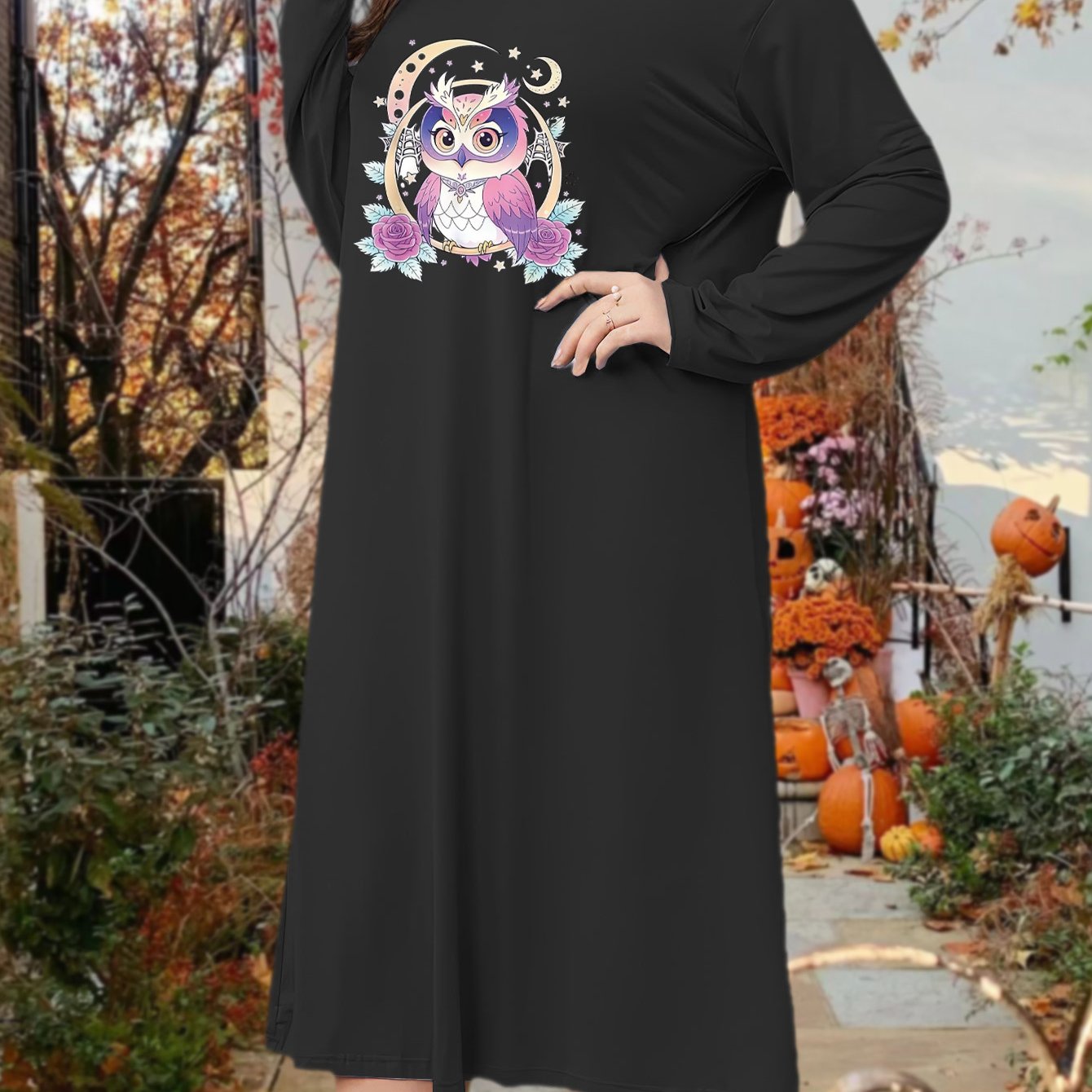  Owl & Moon Print Long Sleeve Tee Sleep Dress