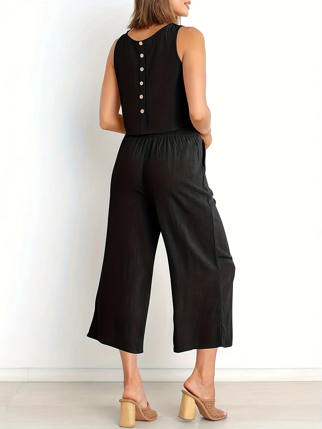 Casual Solid Two piece Set Sleeveless Top & Wide Leg Pants Outfits