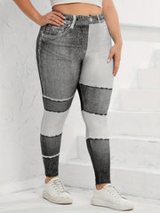  Denim Print Colorblock High Stretch Leggings Women's Plus